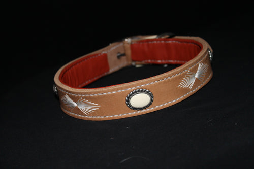 DIY  handgenähtes Fettlederhalsband Beige mit Stein und Stickerei Gr. 46-50 cm, 3 cm breit
