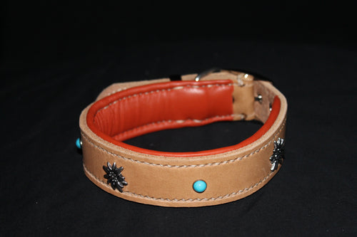 DIY  handgenähtes Fettlederhalsband mit Edelweiß-Concho´s, Gr. 34-38 cm, 3,5 cm breit