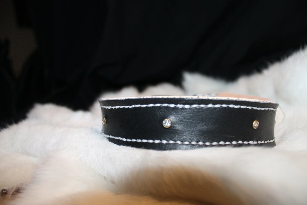 DIY  handgenähtes Lederhalsband Schwarz-Weiß mit kleinen Steinchen, Gr. 36-41 cm, 3 cm breit