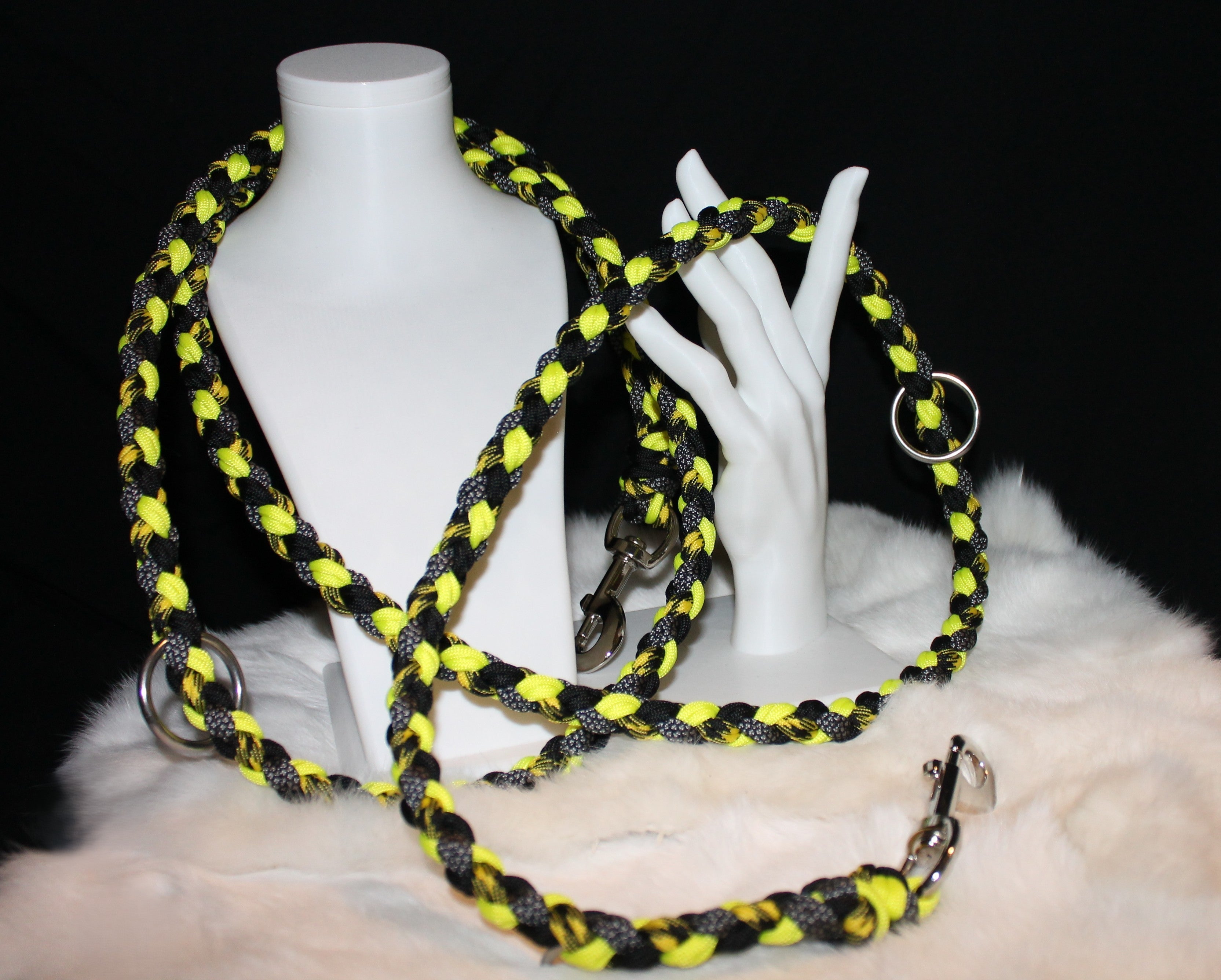 DIY Paracord 3-fach verstellbare Umhängeleine, Schwarz-Neongelb, 223 cm inkl. Karabiner