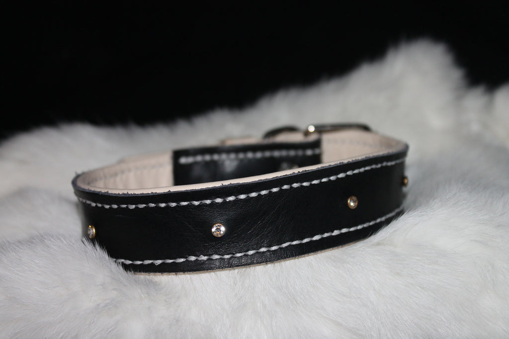 DIY  handgenähtes Lederhalsband Schwarz-Weiß mit kleinen Steinchen, Gr. 36-41 cm, 3 cm breit