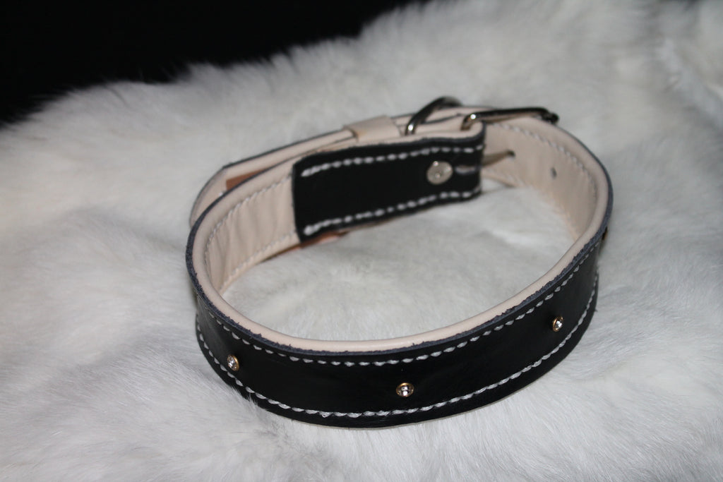 DIY  handgenähtes Lederhalsband Schwarz-Weiß mit kleinen Steinchen, Gr. 36-41 cm, 3 cm breit