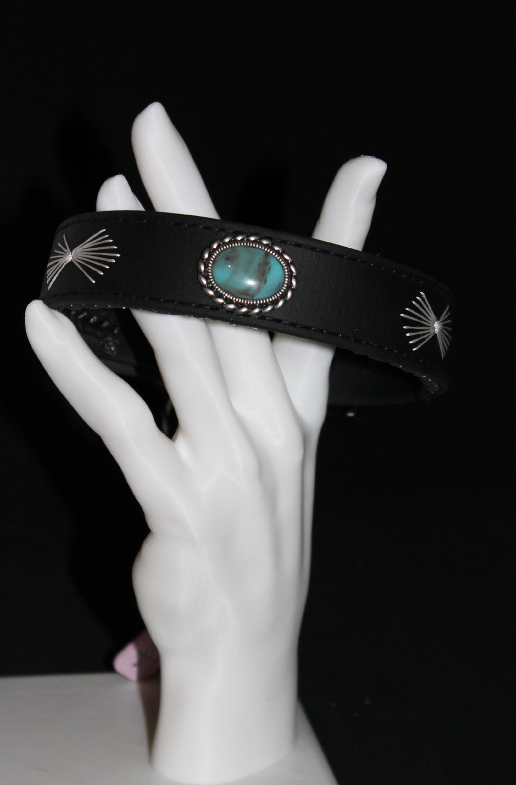 DIY biothanes Halsband, Schwarz mit gesticktem Fächer mit Stein, Gr. 28-31 cm, 2,5 cm breit