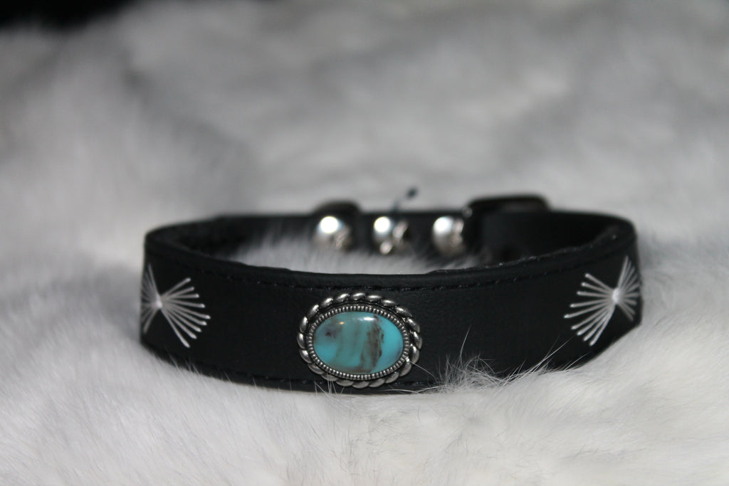 DIY biothanes Halsband, Schwarz mit gesticktem Fächer mit Stein, Gr. 28-31 cm, 2,5 cm breit