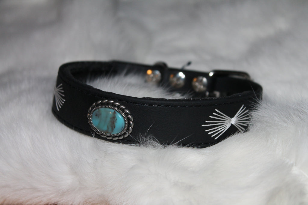 DIY biothanes Halsband, Schwarz mit gesticktem Fächer mit Stein, Gr. 28-31 cm, 2,5 cm breit