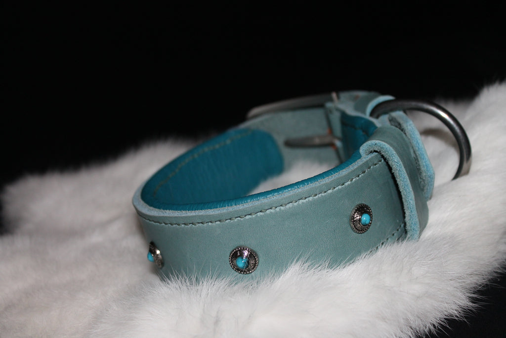 DIY handgenähtes Lederhalsband Eisblau Silber Chonchos mit kleinen Steinen. 41-44 cm, 4,5 cm breit