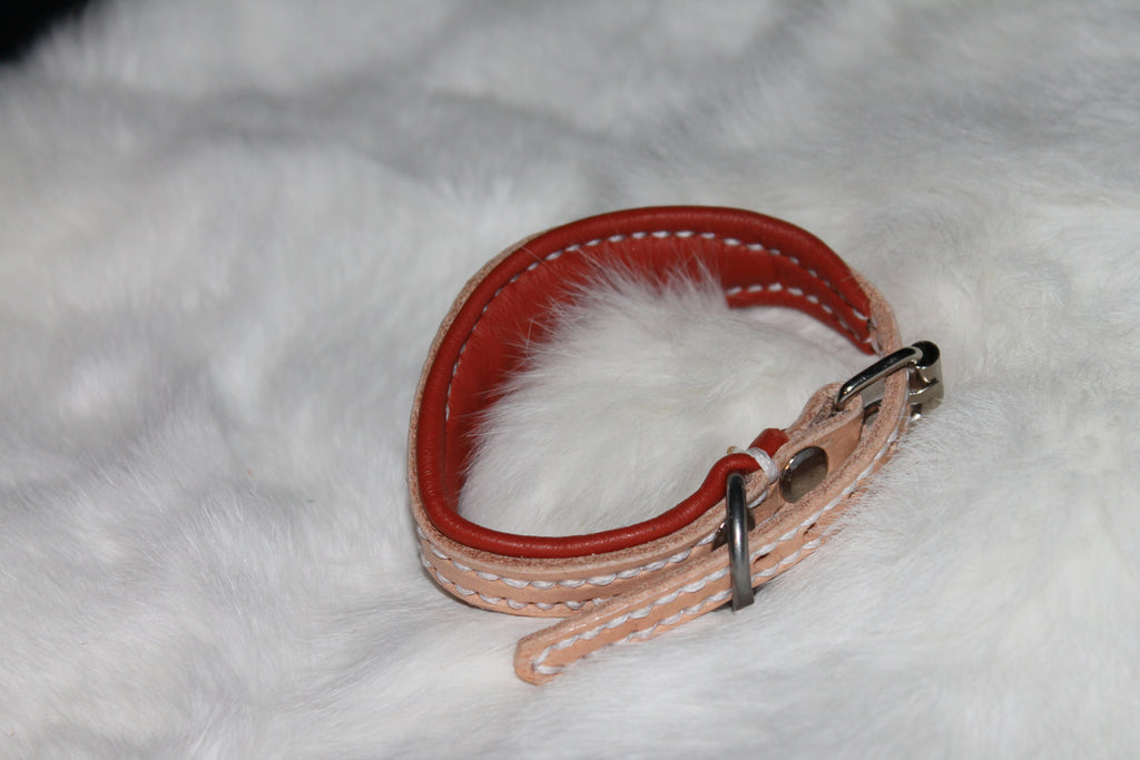 DIY handgenähtes Fettleder-Halsband für bsp. Windspiel, Beige mit gesticktem Fächer und Stein, Größe 19–23 cm, 1 - 3,5 cm breit